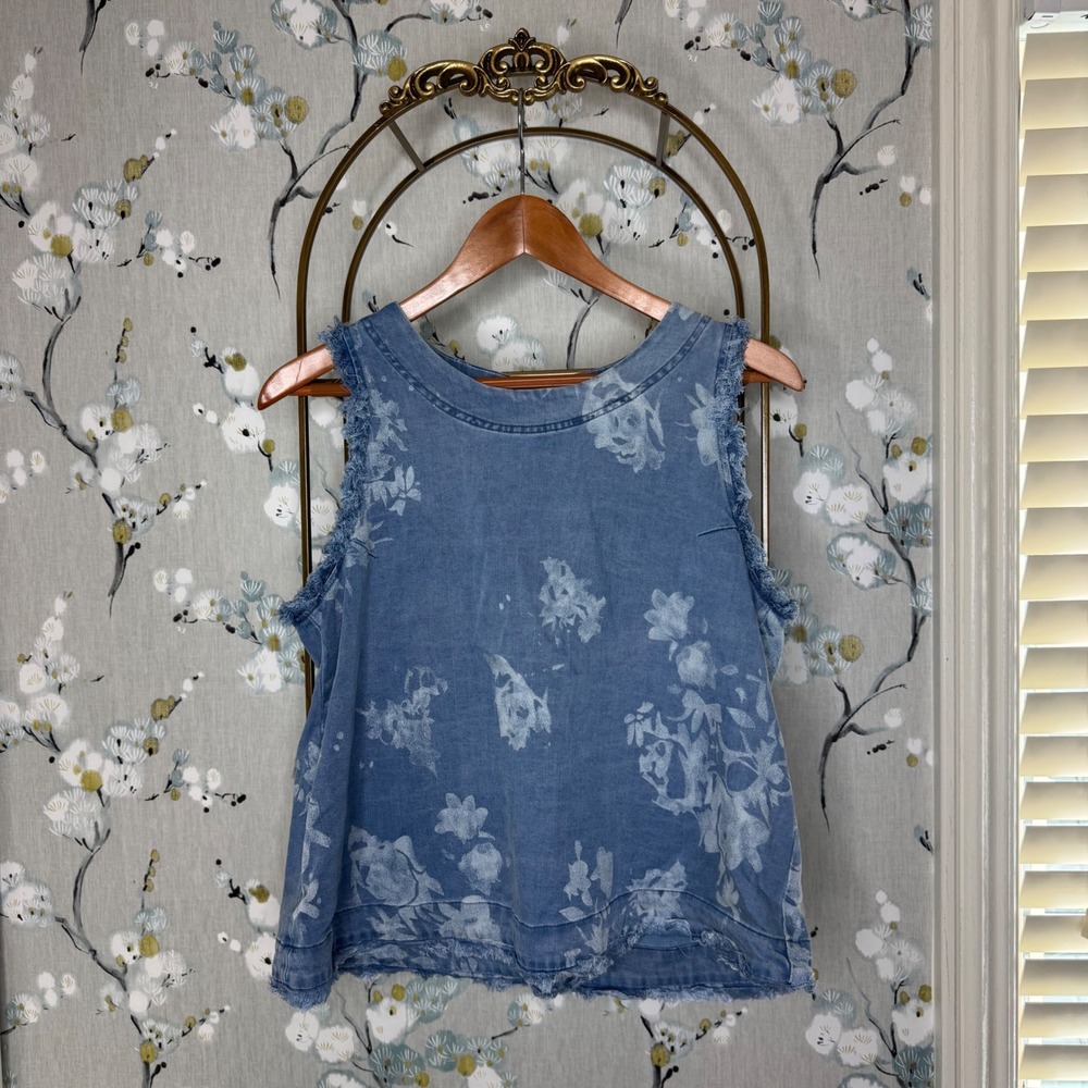 T Tahari Womens Blue Floral Denim Sleeveless Button Back Shell Top Size Large